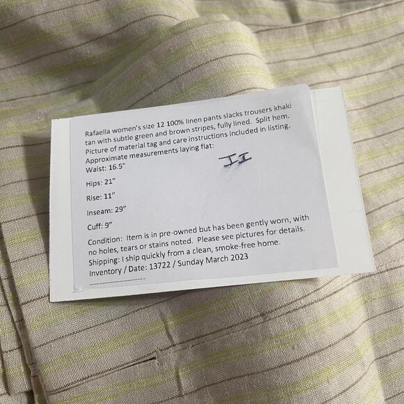 Rafaella size 12 linen pants fully lined women's trousers khaki cream stripe - Picture 15 of 16